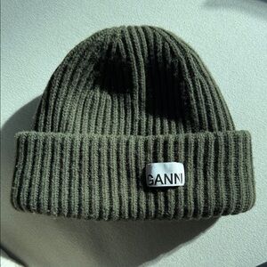 Ganni Women's Green Structured Rib Knit Beanie